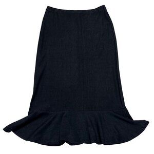 Bebe Vintage Y2K Knee Length Ruffle Hem Slinky Knit Pull On Skirt Size L Black